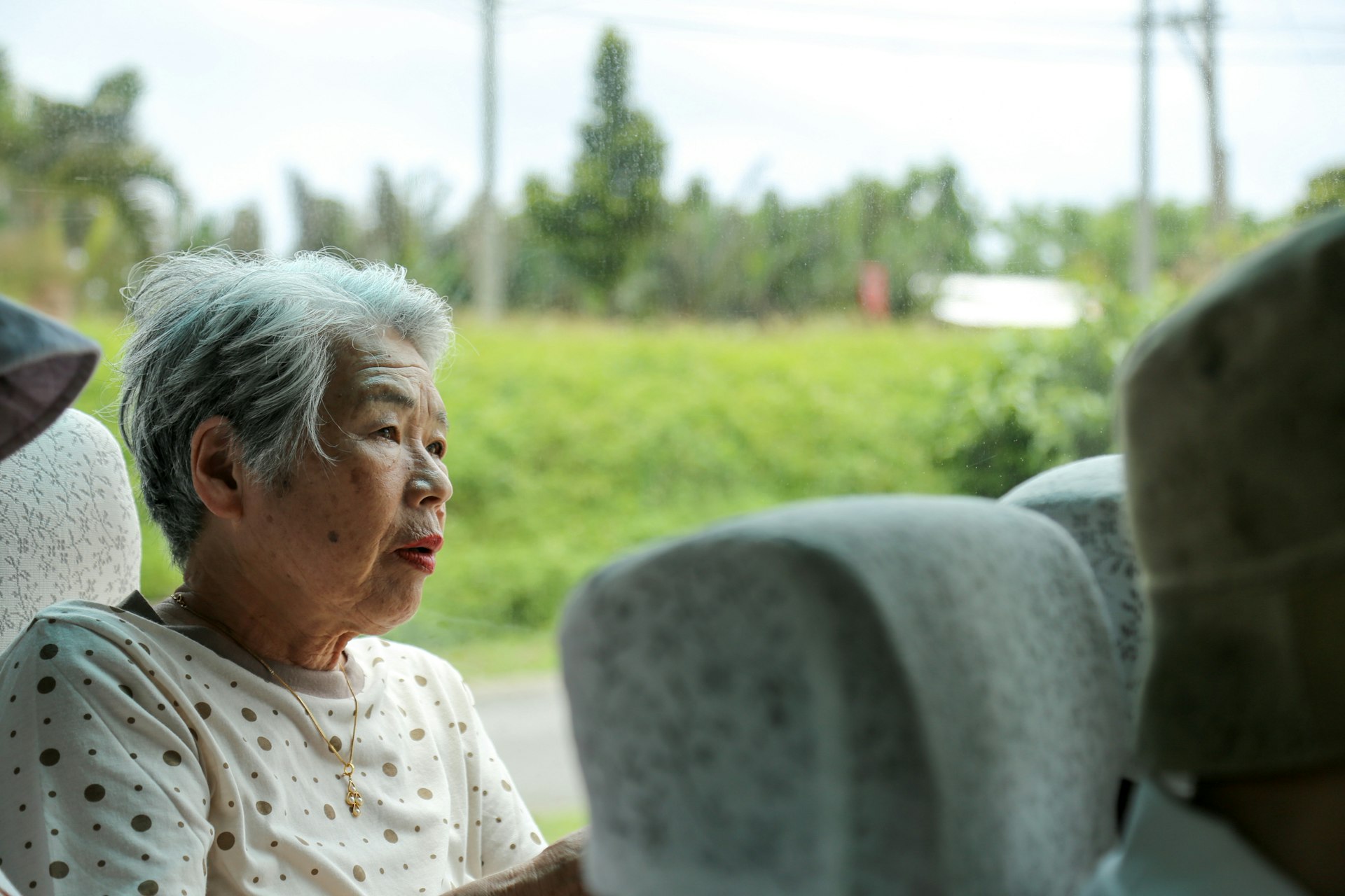 An elderly Japanese woman sits on a bus as it rolls through the Japanese countryside.  